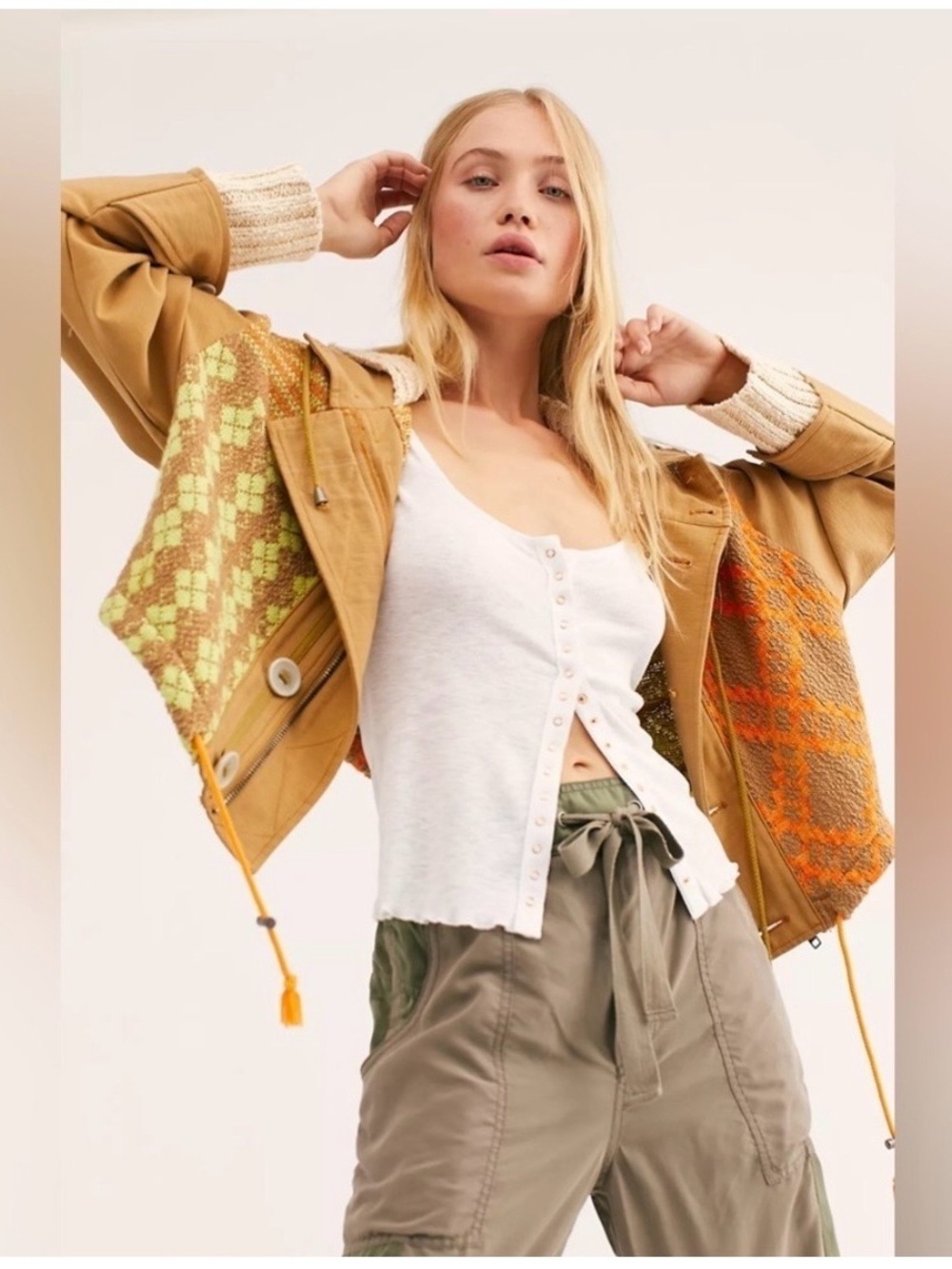 FREE PEOPLE Reno Knit Patchwork Cropped BOHO Jacket Coat Utility Aztec Brown Sm - Picture 16 of 16